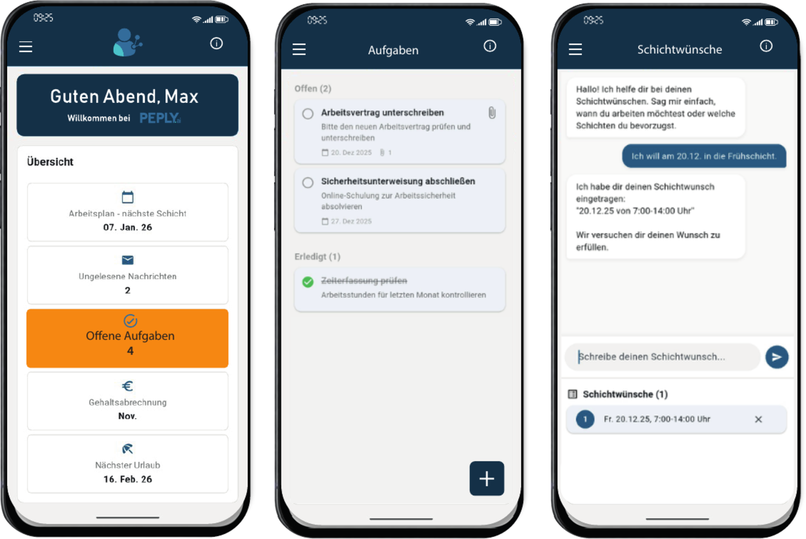 PEPLY.ai mobile App Vorschau mit Aufgaben und Schichtwünschen