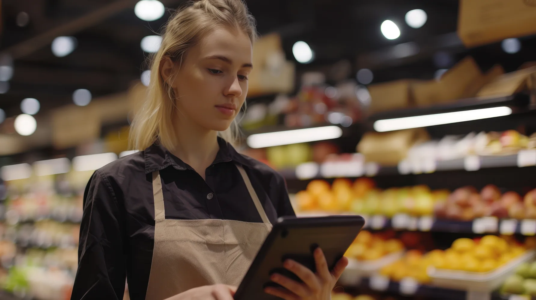 Mitarbeiterin mit Tablet im Markt